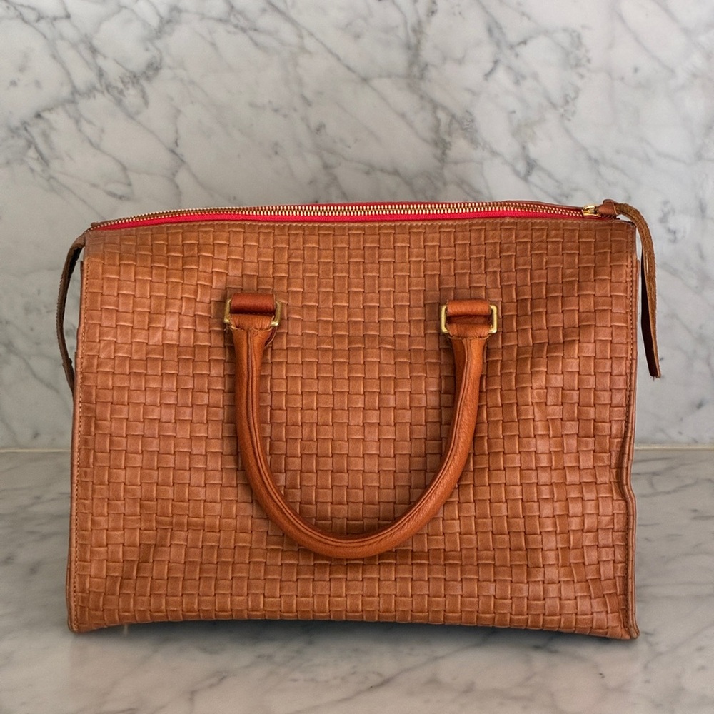Authentic Clare V. Woven Leather Satchel Handbag in Cognac - Picture 5 of 14